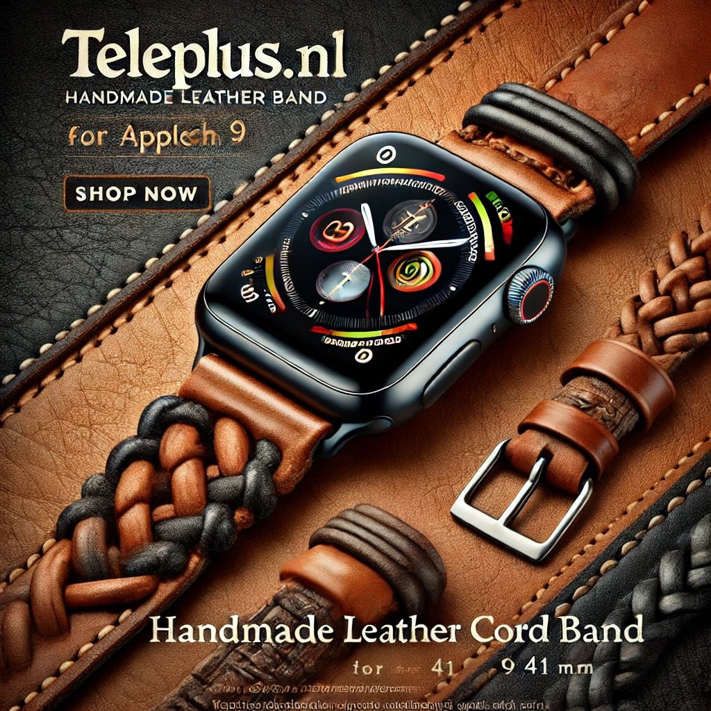 Smartwatch with a brown leather strap and black square face.