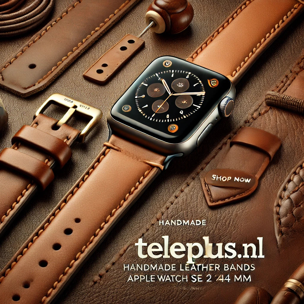 Smartwatch with a brown leather strap and black square face.