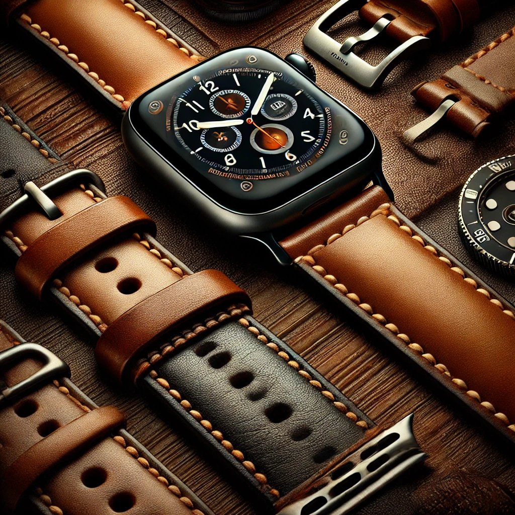 Smartwatch with a brown leather strap and black square face.