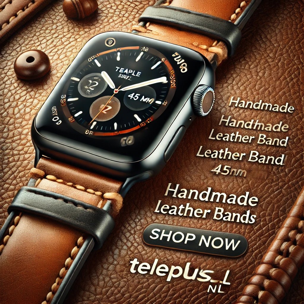 Smartwatch with a brown leather strap and black square face.