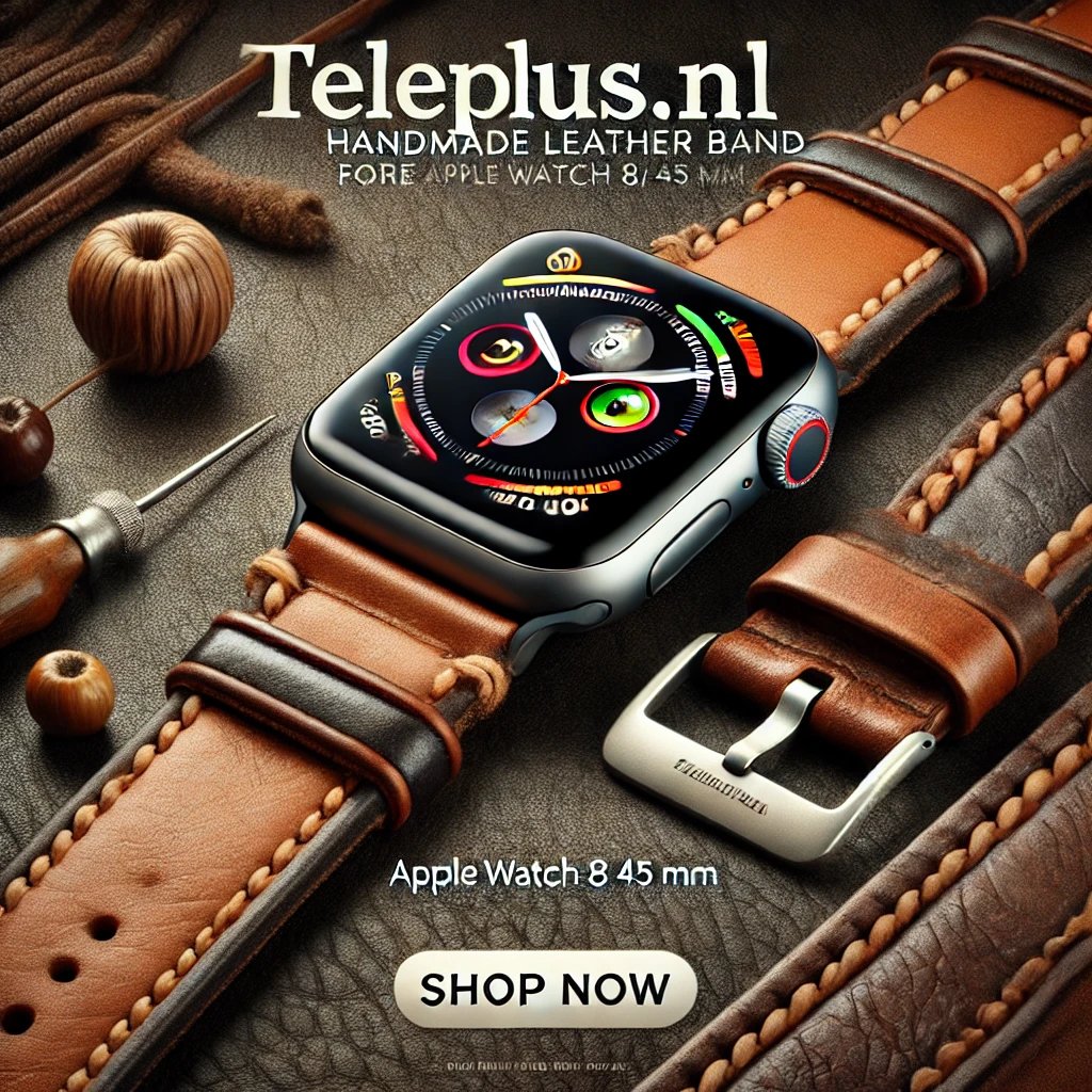 Smartwatch with a brown leather strap and black square face.