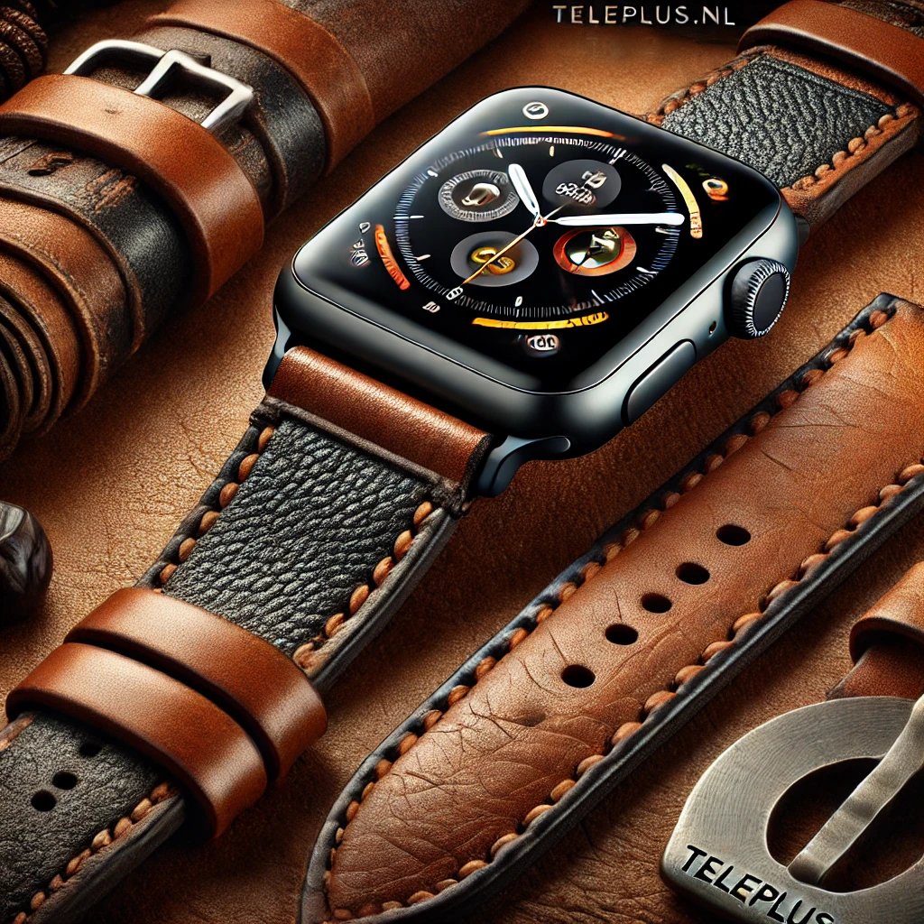 Smartwatch with a brown leather strap and black square face.