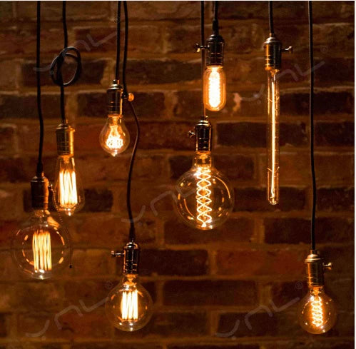 Vintage-style Edison light bulbs hanging from cords.