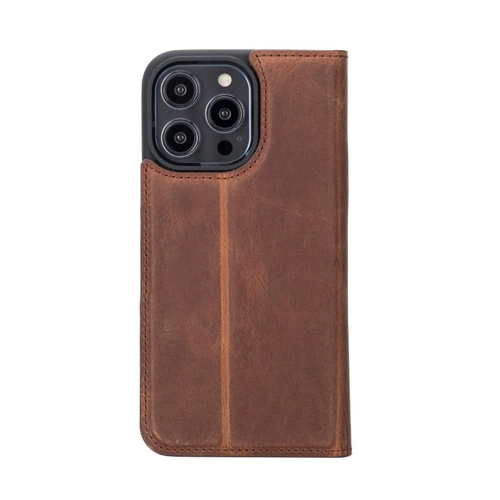 Brown leather wallet-style phone case for an iPhone with a triple camera cutout.