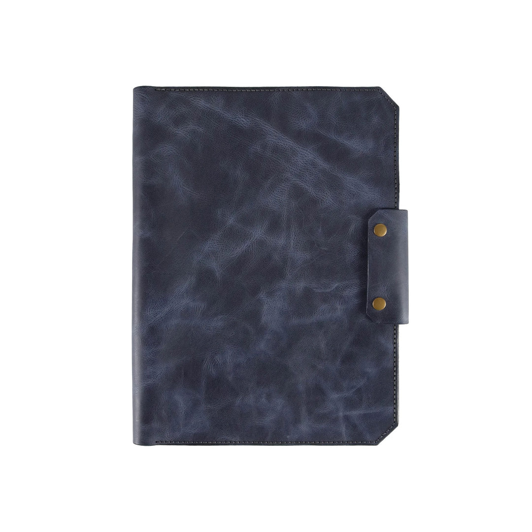 Dark blue leather notebook or journal with a snap closure.