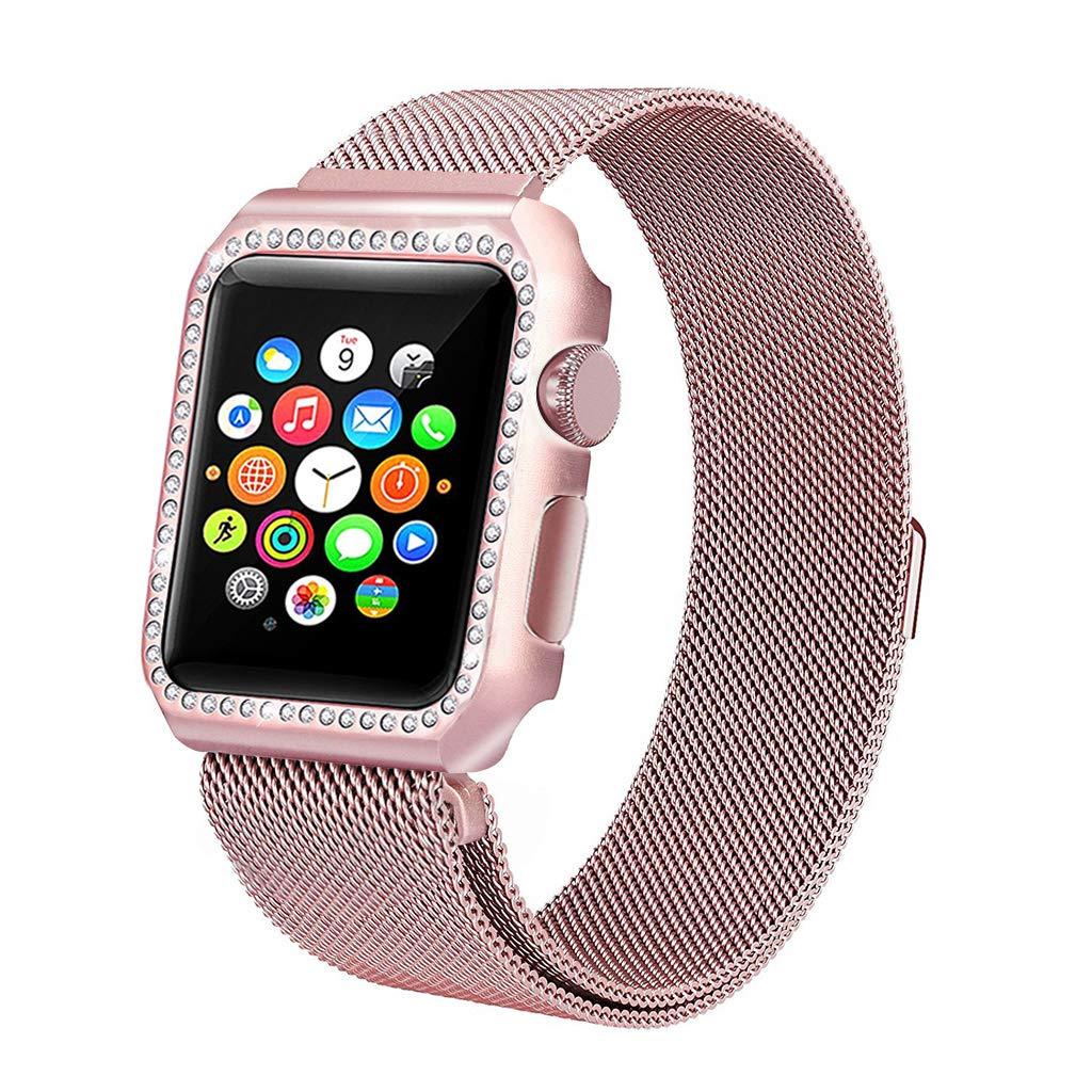 Rose gold Apple Watch with a mesh band and diamond-studded bezel.