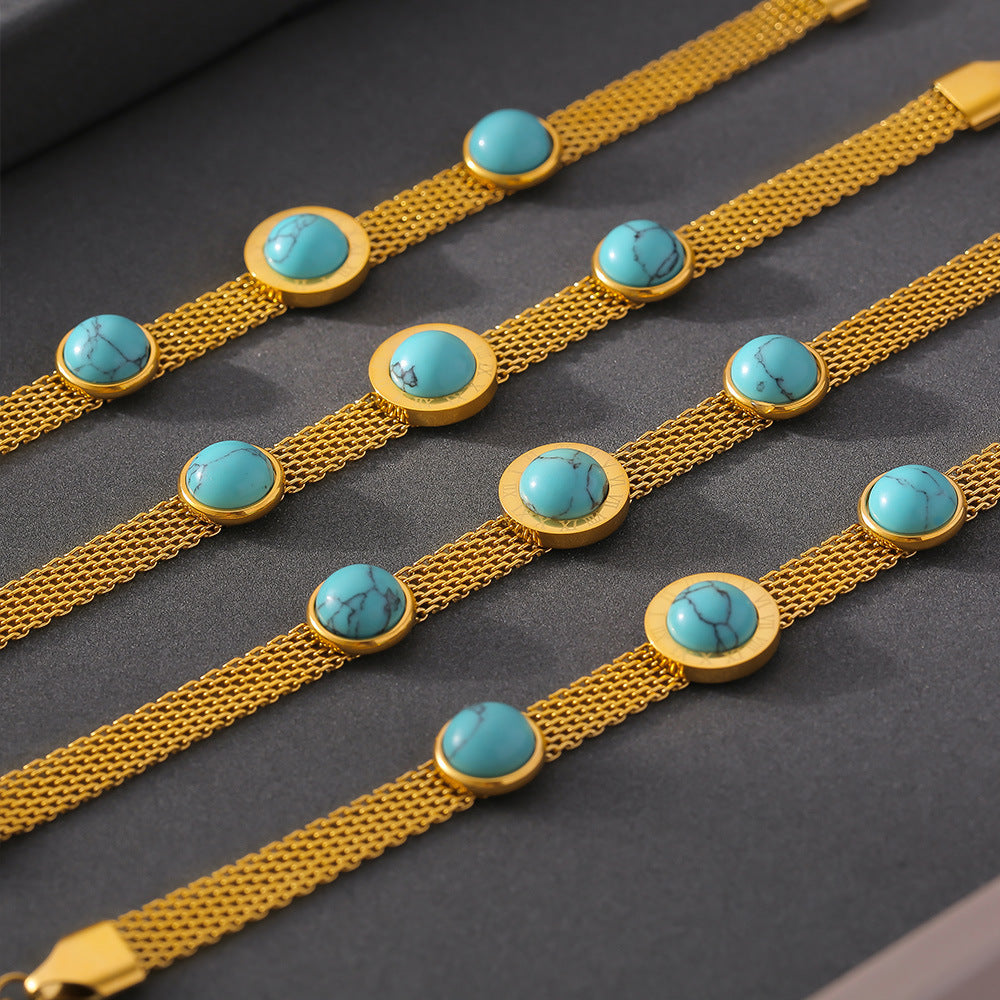 European And American Style New Wide Surface Mesh Round Brand Turquoise Bracelet Retro Personality Design Titanium Steel Plated 18K Gold Accessories