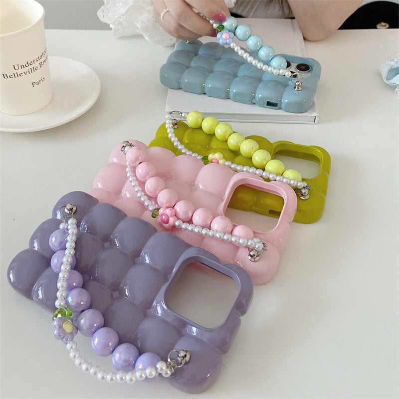 Macaron Solid Color Plaid Flower Wristband Phone Case