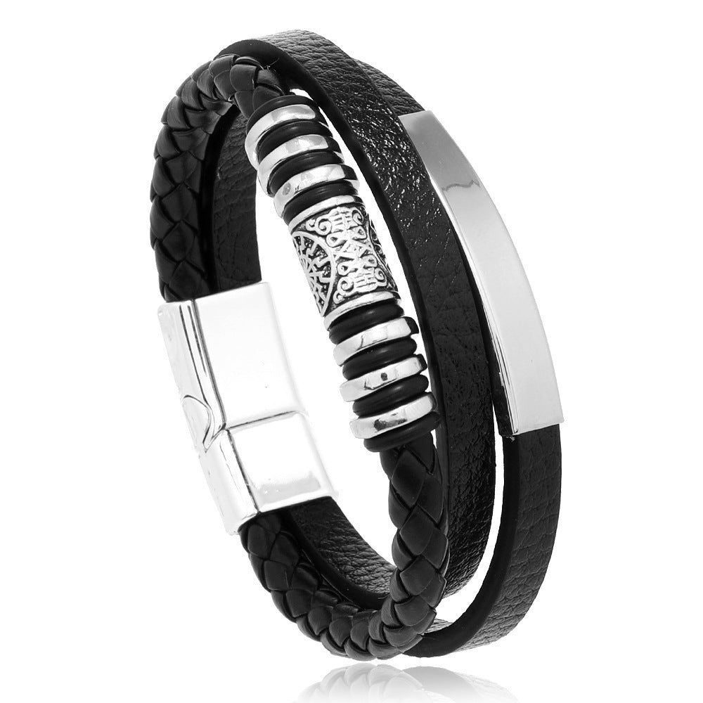 Men's Leather Multi-layer Woven Magnetic Buckle Bracelet