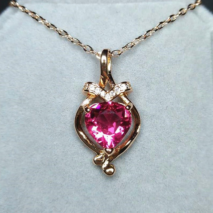 Women's Diamond Heart Pendant Necklace 18K Plated With Red Tourmaline