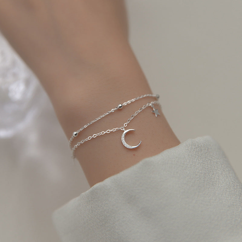 Genuine 925 Sterling Silver Fashion Double Chain Moon Star Bracelet For Women