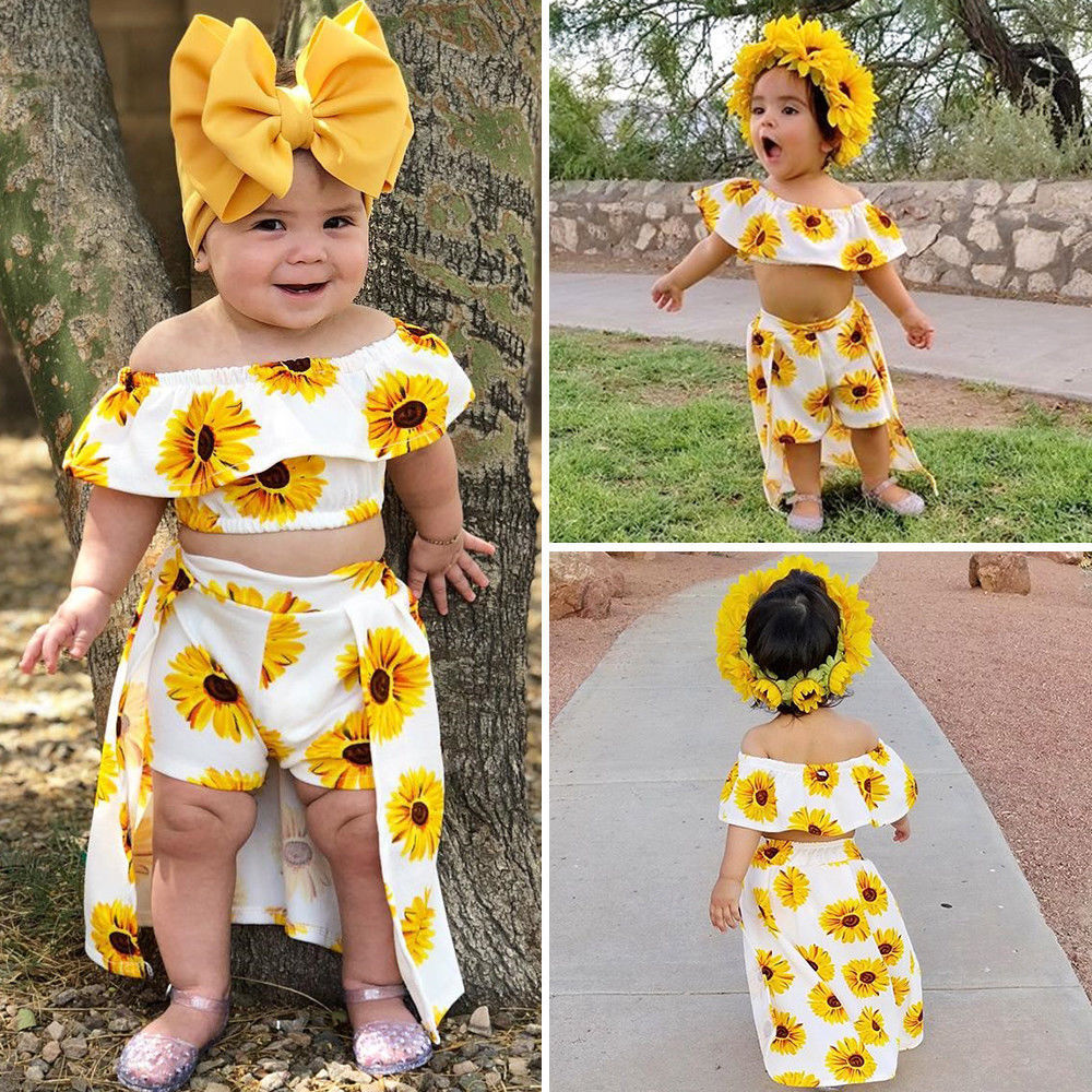 Children's Clothing New Sunflower SUNFLOWER Top Culottes Hair Band Three-piece Set