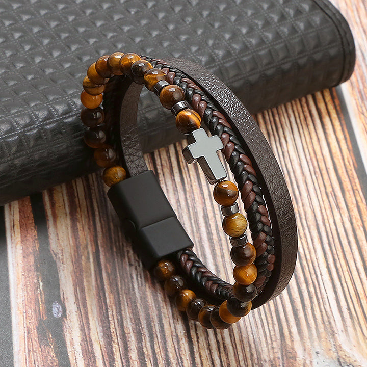 Natural Tiger Eye Stone Cross Bracelet