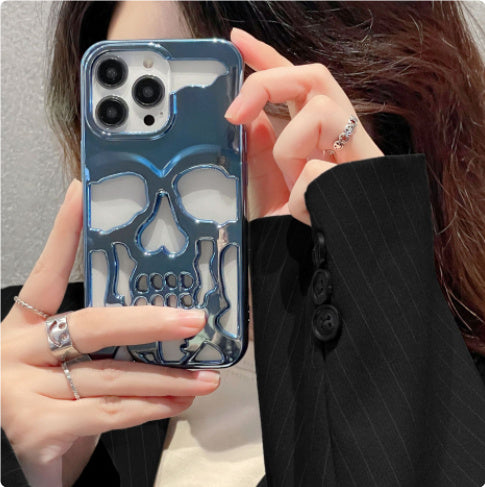 Luxury Plating 3D Skull Phone Case Breathable Glossy Hollow Out Gold Metallic Paint