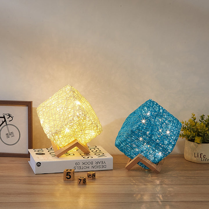 Hand-Knit Dimmable Square LED Desk Lights Wood Rattan Twine USB Charging Table Lamp Girls Bedroom Gift Home Decor Night Lighting