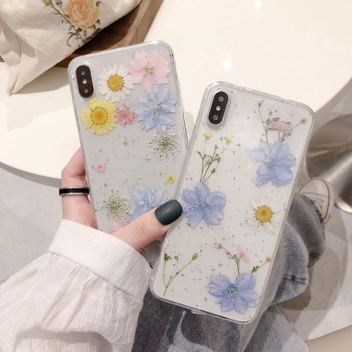 Fashion Glitter Real Dry Pressed Flower Phone Case Transparent Silicone Cover