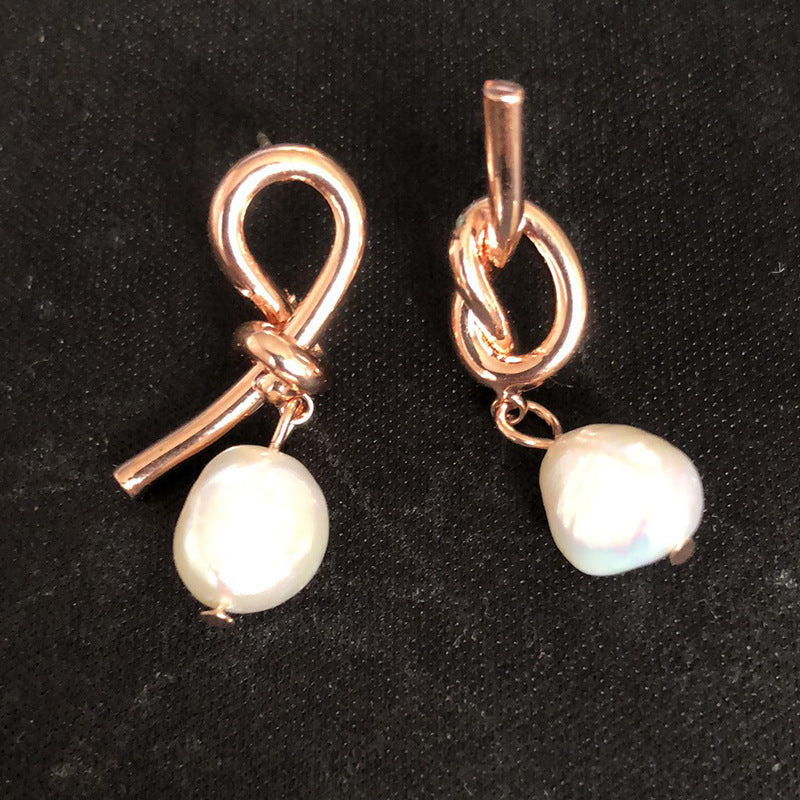 Fashionable All-match Asymmetric Knotted Pearl Eardrops Earrings