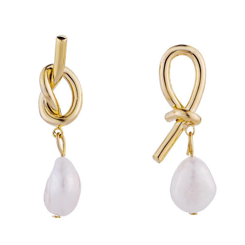 Fashionable All-match Asymmetric Knotted Pearl Eardrops Earrings