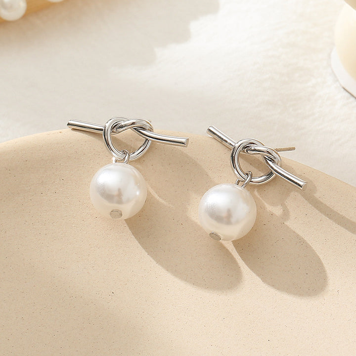 Fashionable All-match Asymmetric Knotted Pearl Eardrops Earrings