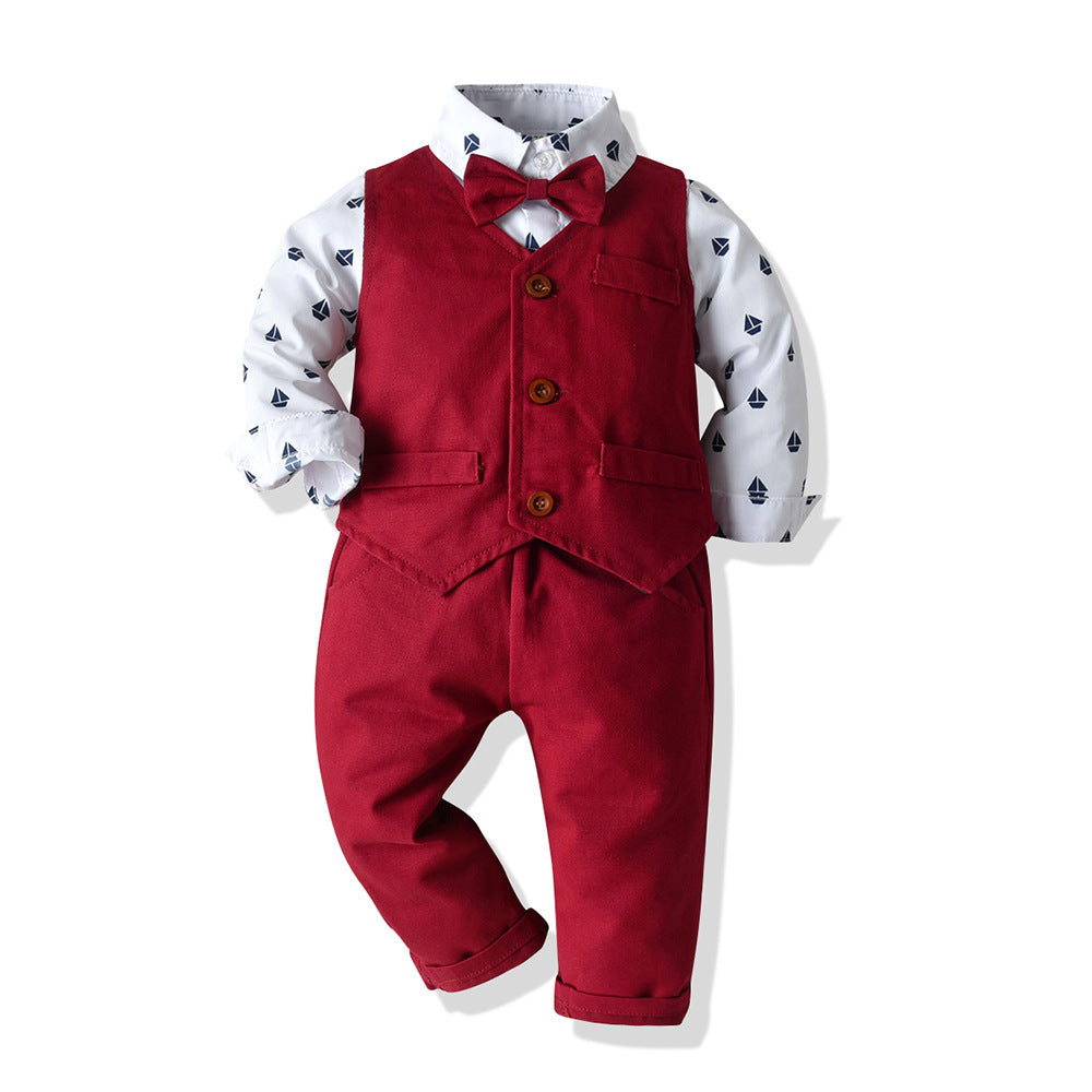 Top and Top Boys Boys Gentleman Îmbrăcăminte Set de bumbac cu mânecă lungă cămașă+vestă+pantaloni 3pcs costum pentru copii pentru copii, haine casual