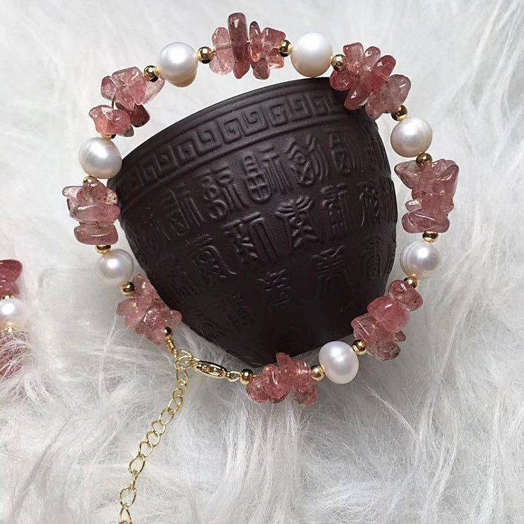 Natural Pigeon Blood Red Strawberry Quartz With Freshwater Pearl Bracelet