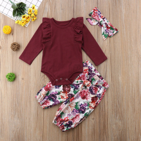 Zinnia set 3pcs nou -născuți fete roșii tops romper solid pantaloni flori pantaloni de cap