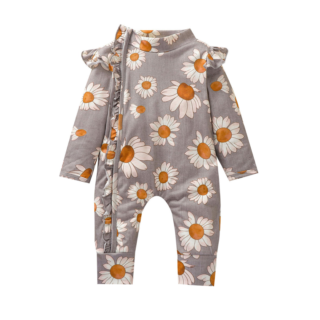 Toddler Girl Floarea -floarea soarelui Romper Long Fly Mânecă Ruffle Front Snapits Hidden Snapt