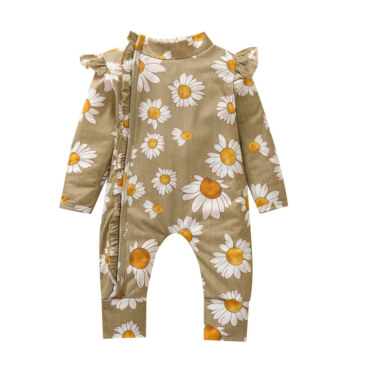 Toddler Girl Sunflower Print Romper Long Fly Sleeve Ruffle Front Hidden Zipper Jumpsuits For Newborn Spring Baby Clothes