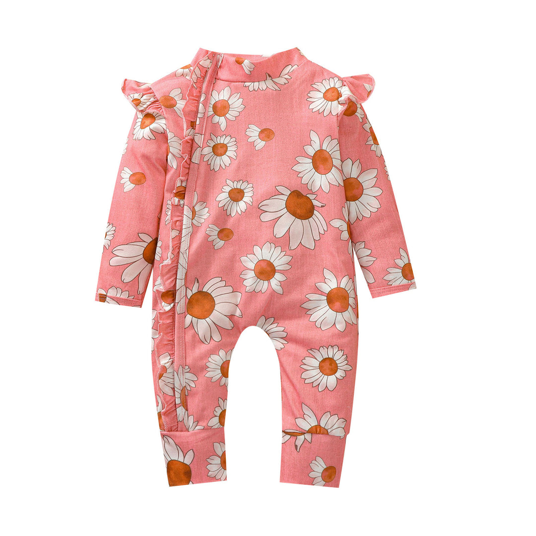 Toddler Girl Floarea -floarea soarelui Romper Long Fly Mânecă Ruffle Front Snapits Hidden Snapt