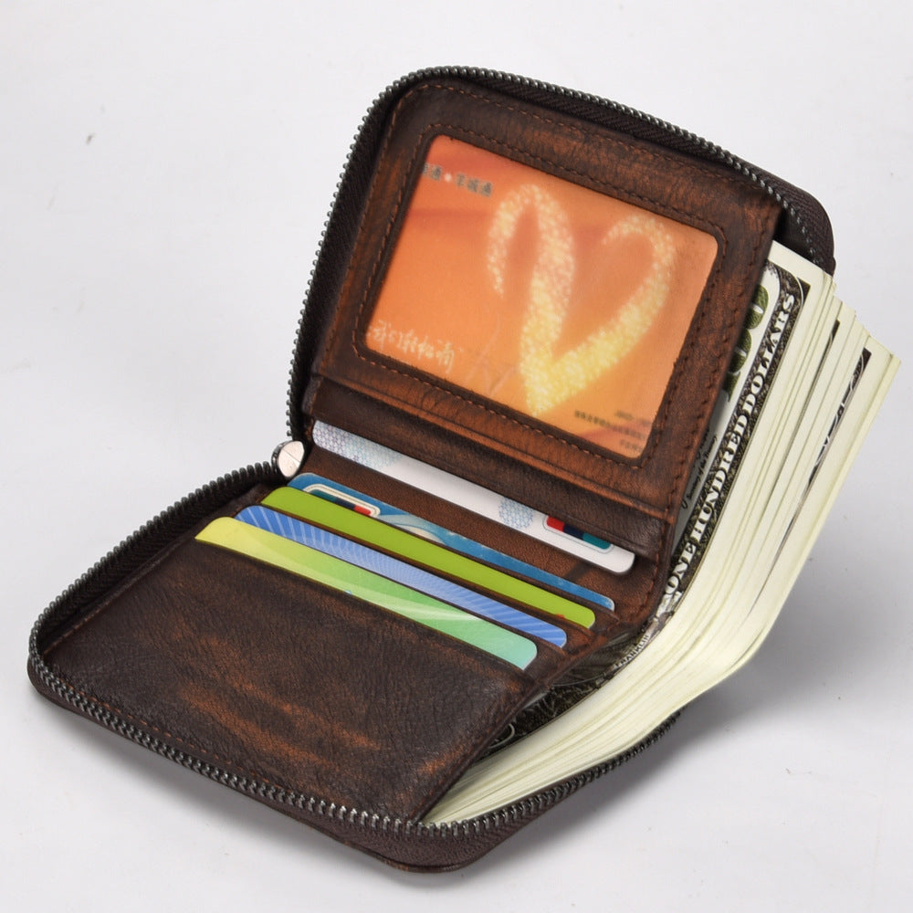 Men'S Short Head Leather Wallet Men'S Retro Wallet Vertical Zipper Leisure Youth Wallet