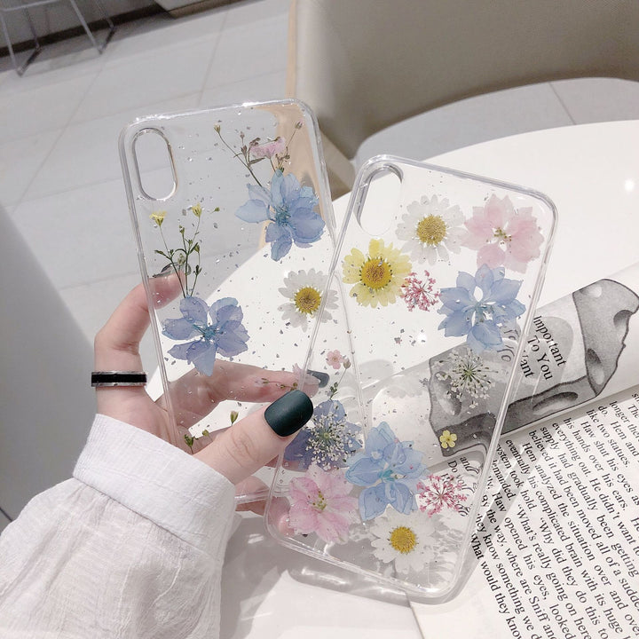 Fashion Glitter Real Dry Pressed Flower Phone Case Transparent Silicone Cover