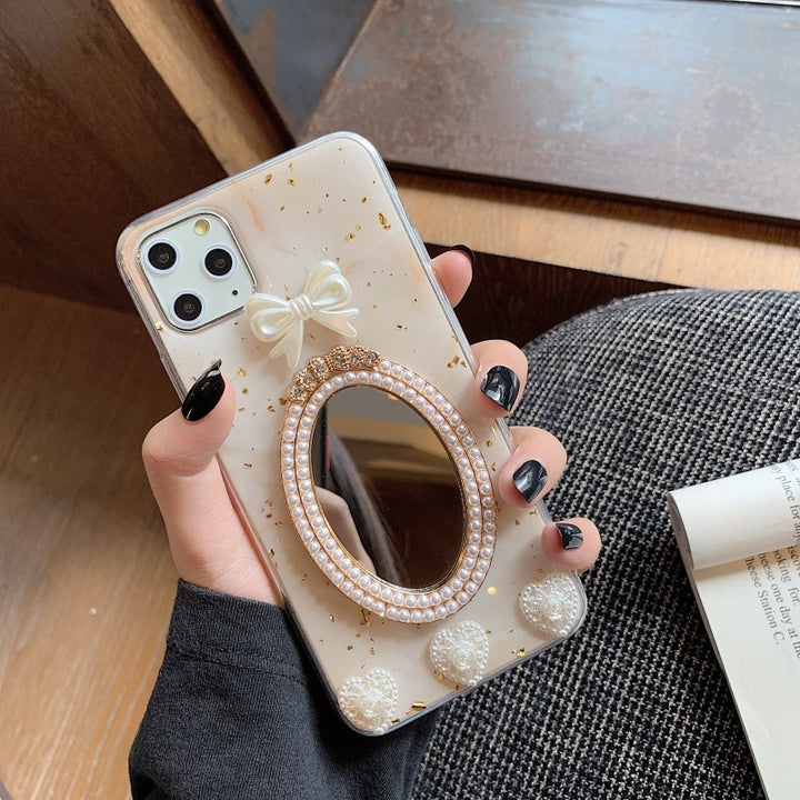 Compatible with Apple , Marble Bowknot Rhinestone Mirror Phone Case