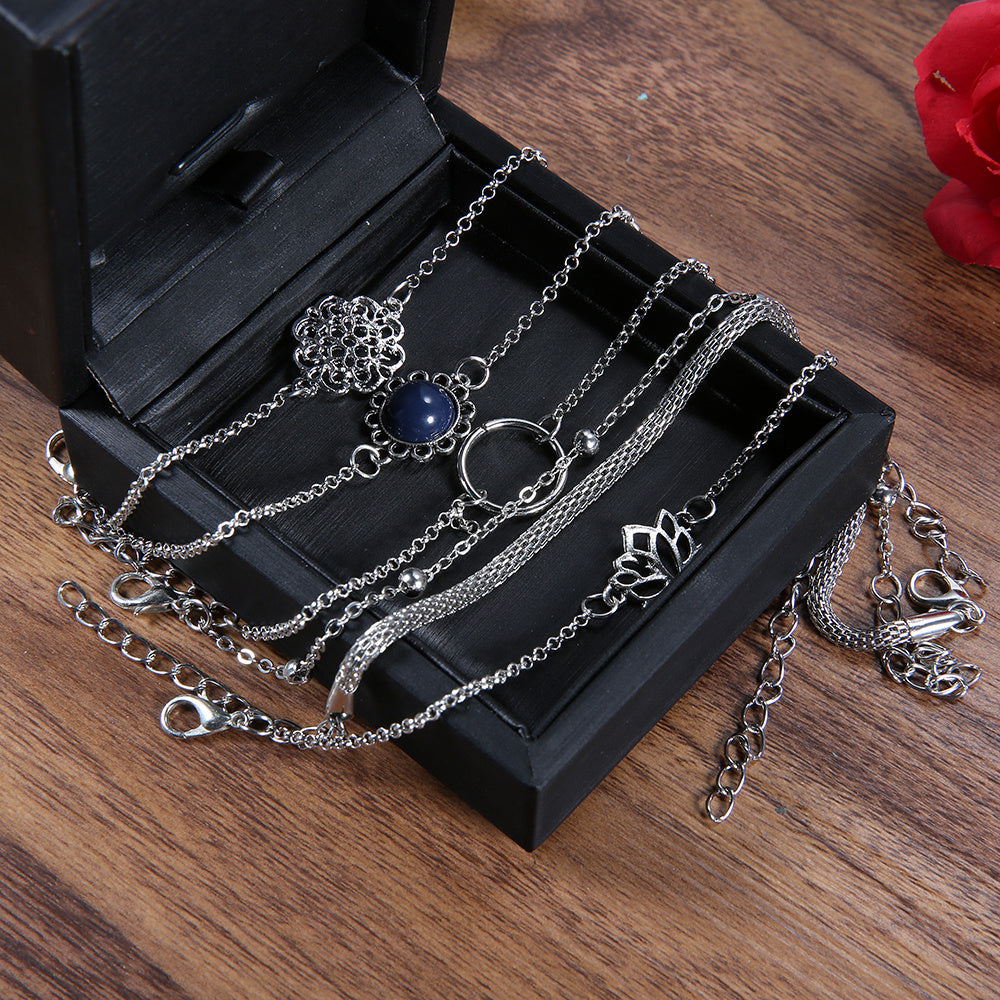 Europe and the United States simple set of 6 lotus lotus leaf round stone flower beads chain trendy fashion bracelet set