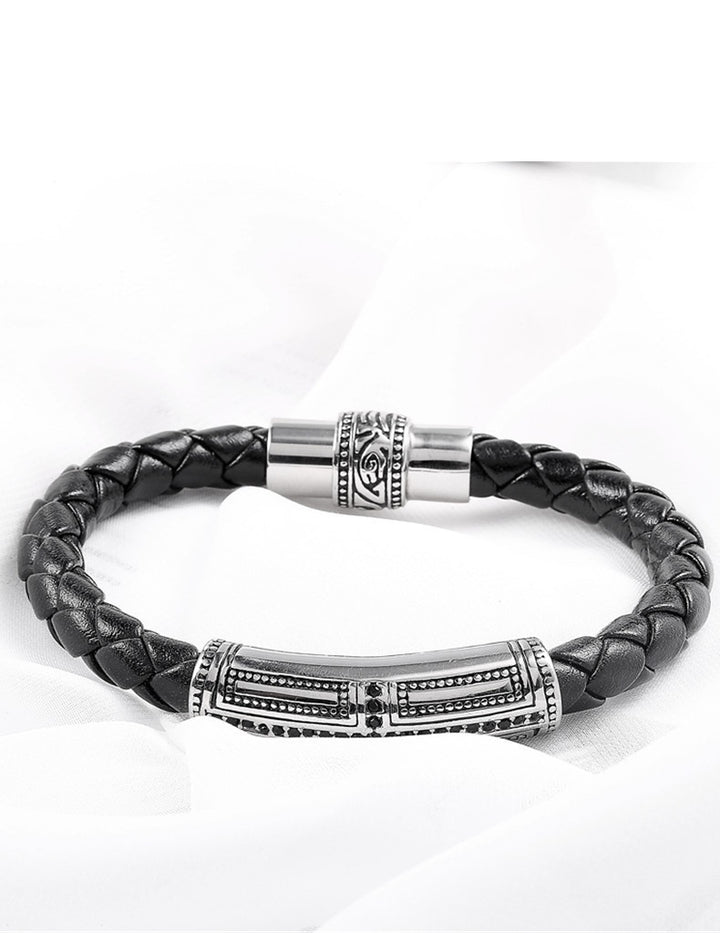 Stainless Steel Ornament Leather Rope Bracelet