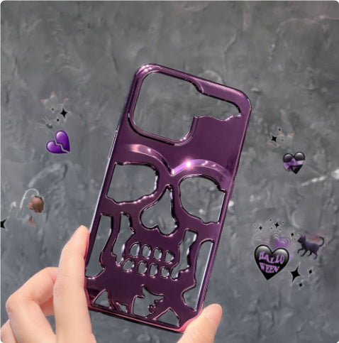 Luxury Plating 3D Skull Phone Case Breathable Glossy Hollow Out Gold Metallic Paint