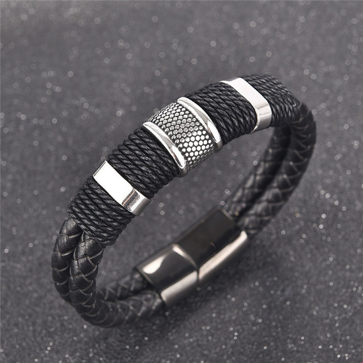 Fashion Black Braid din piele țesută Brățară din piele Titan Brățară din oțel inoxidabil Bărbați cu breton Men Bijuterii Vintage Cadou