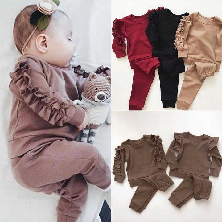 Nou -născut pentru băieți pentru fete rulante jumper cu mânecă lungă solidă cu mânecă lungă vârfuri pantaloni copii copii 2pcs ținute haine set haine de toamnă