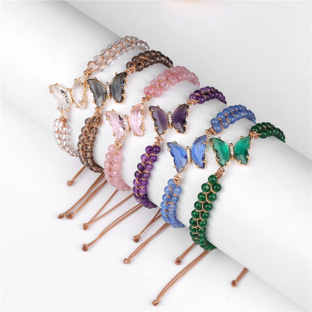 Light Luxury Double-layer Woven Bracelet Natural Stone Beads Butterfly Pendant Girlfriends Pull Handle