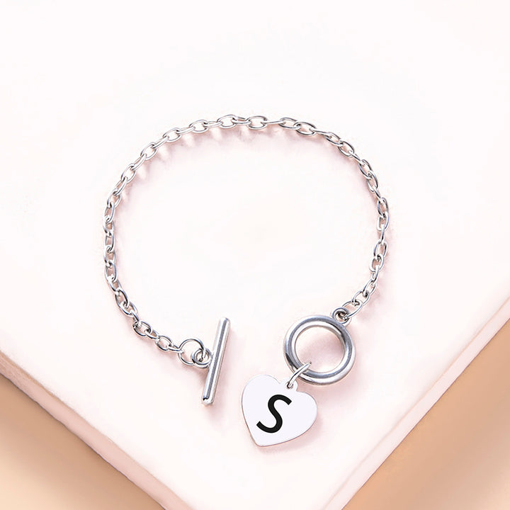 Silver Color Link Chain OT Buckle Clasp Bracelet 26 Initial Letter Heart Charms Bracelets For Women Girls