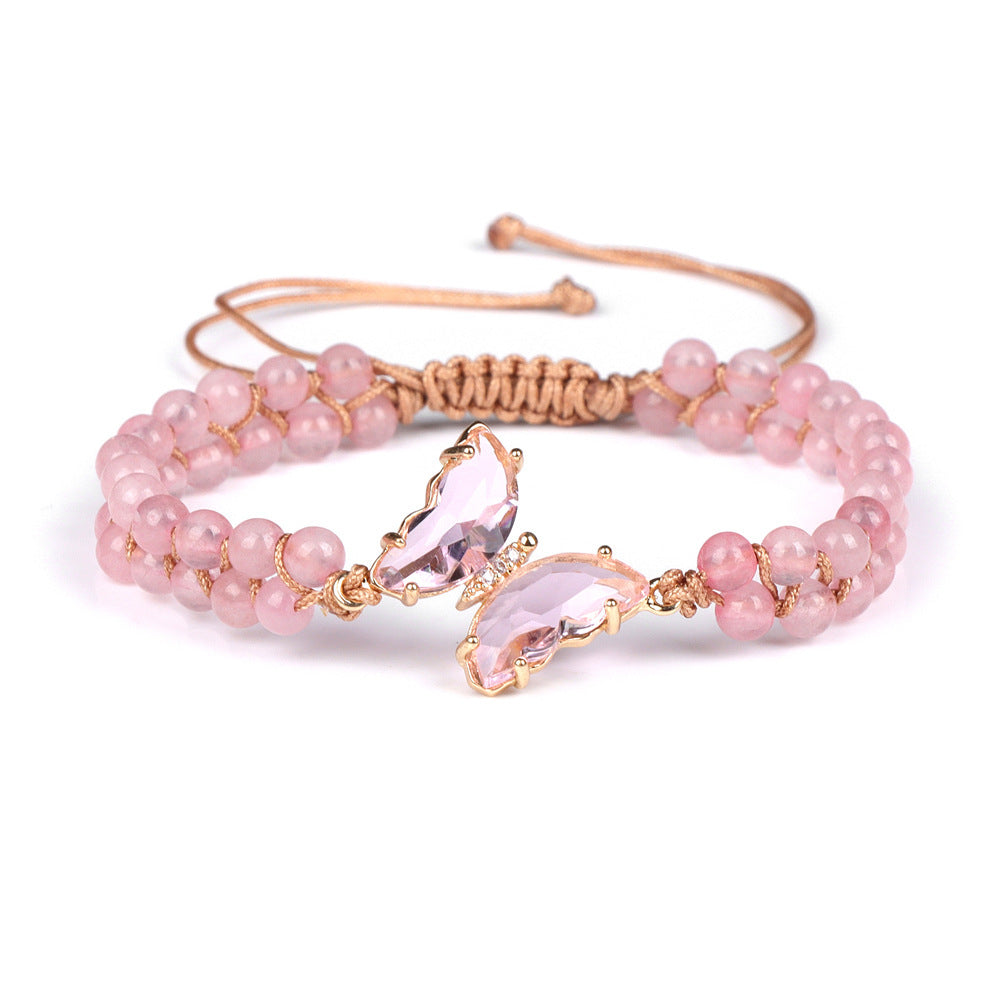 Light Luxury Double-layer Woven Bracelet Natural Stone Beads Butterfly Pendant Girlfriends Pull Handle