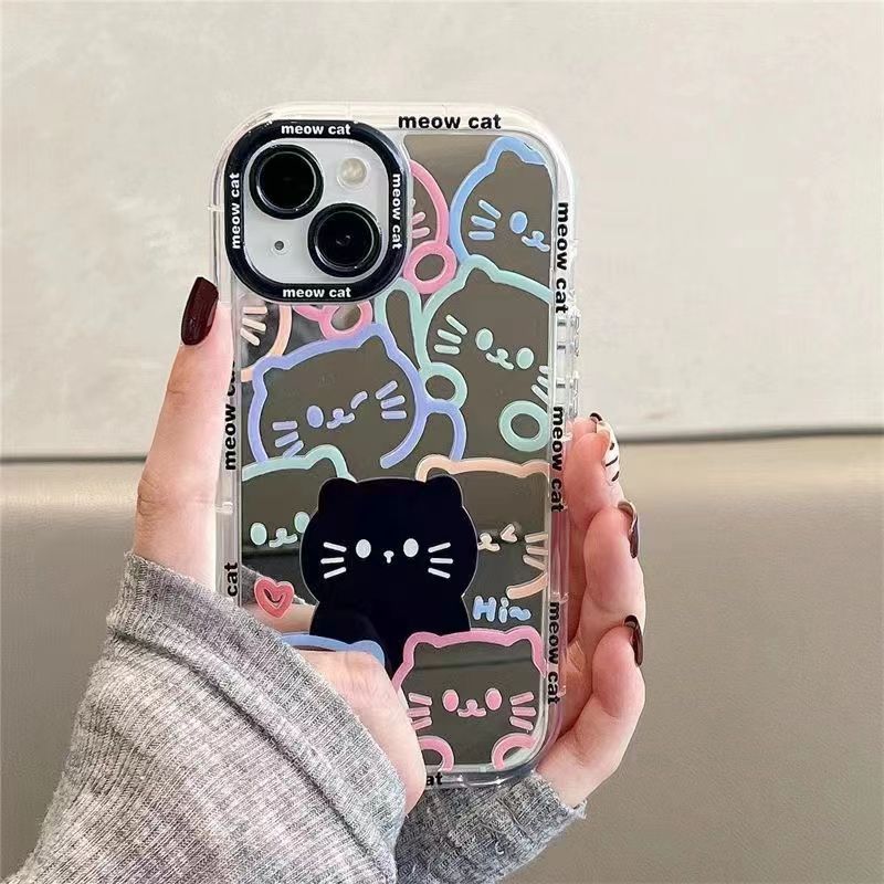 Linear Cat Pattern Cosmetic Mirror Phone Case