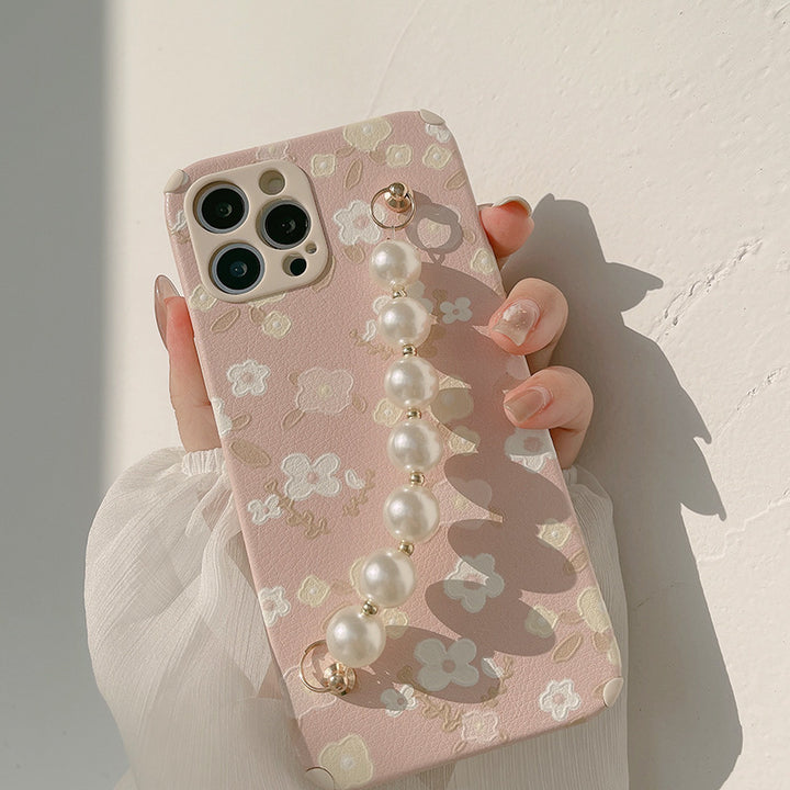 Oil Painting Floral Phone Case Pearl Chain