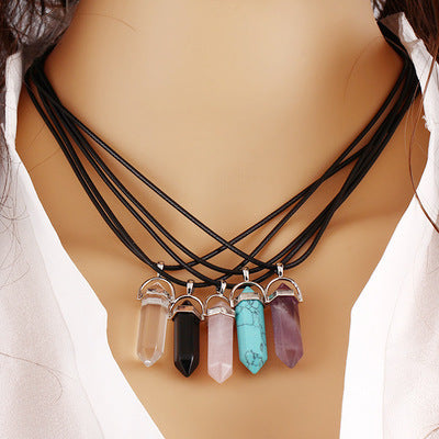 Jewelry Alien blasting necklace hex pendant necklace two pointed natural stone necklace Korean version of the source