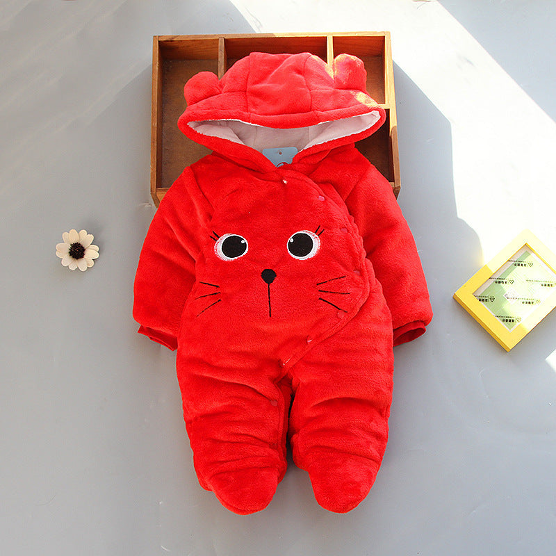 Coral fleece padded baby hooded romper