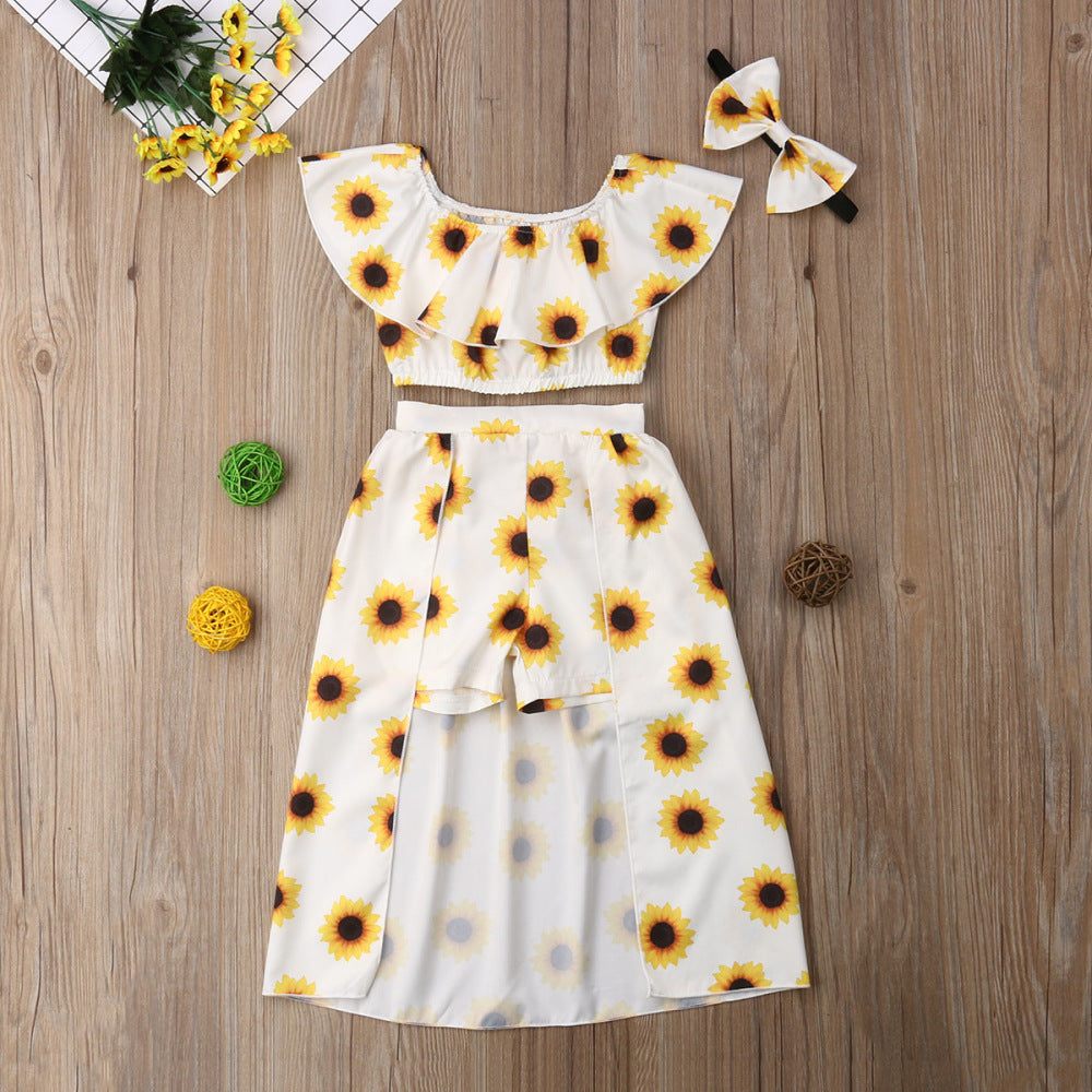 Children's Clothing New Sunflower SUNFLOWER Top Culottes Hair Band Three-piece Set