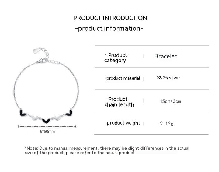 S925 Sterling Silver Black Epoxy Heart Heart Brățară