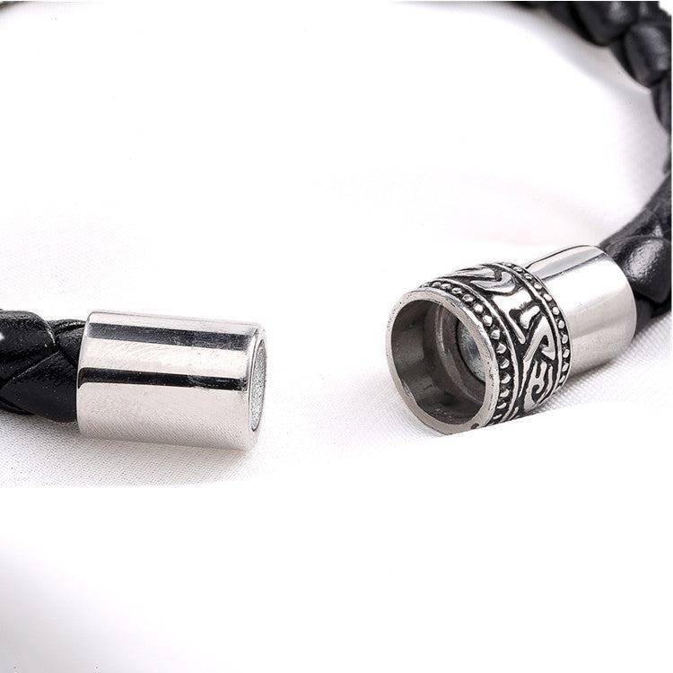 Stainless Steel Ornament Leather Rope Bracelet