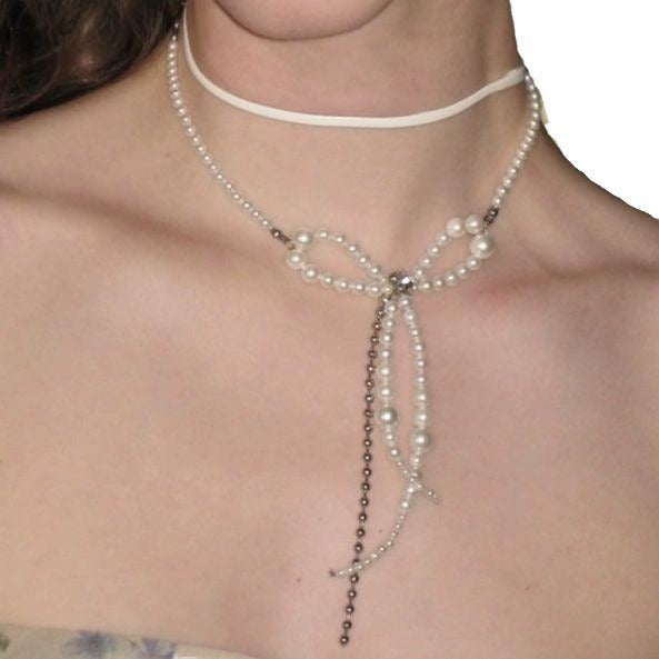 Stringed Pearls Design Bow Chain Leather String Necklace