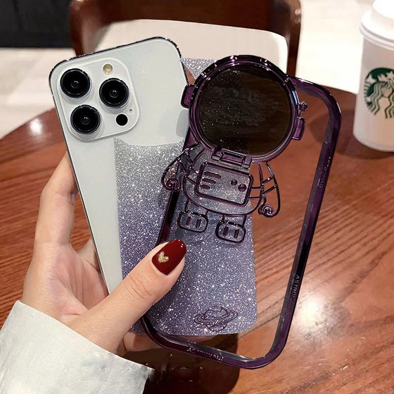 Glitter Astronaut Camera Stand Telefon pentru iPhone 14 13 12 11 Pro Max XR 14 Plus Invizibil Suport pentru lentile Placare moale