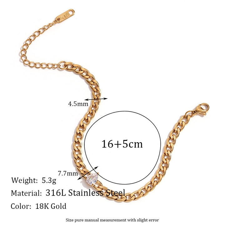 Simple Stainless Steel 18K Gold Plating Zircon Chain Bracelet